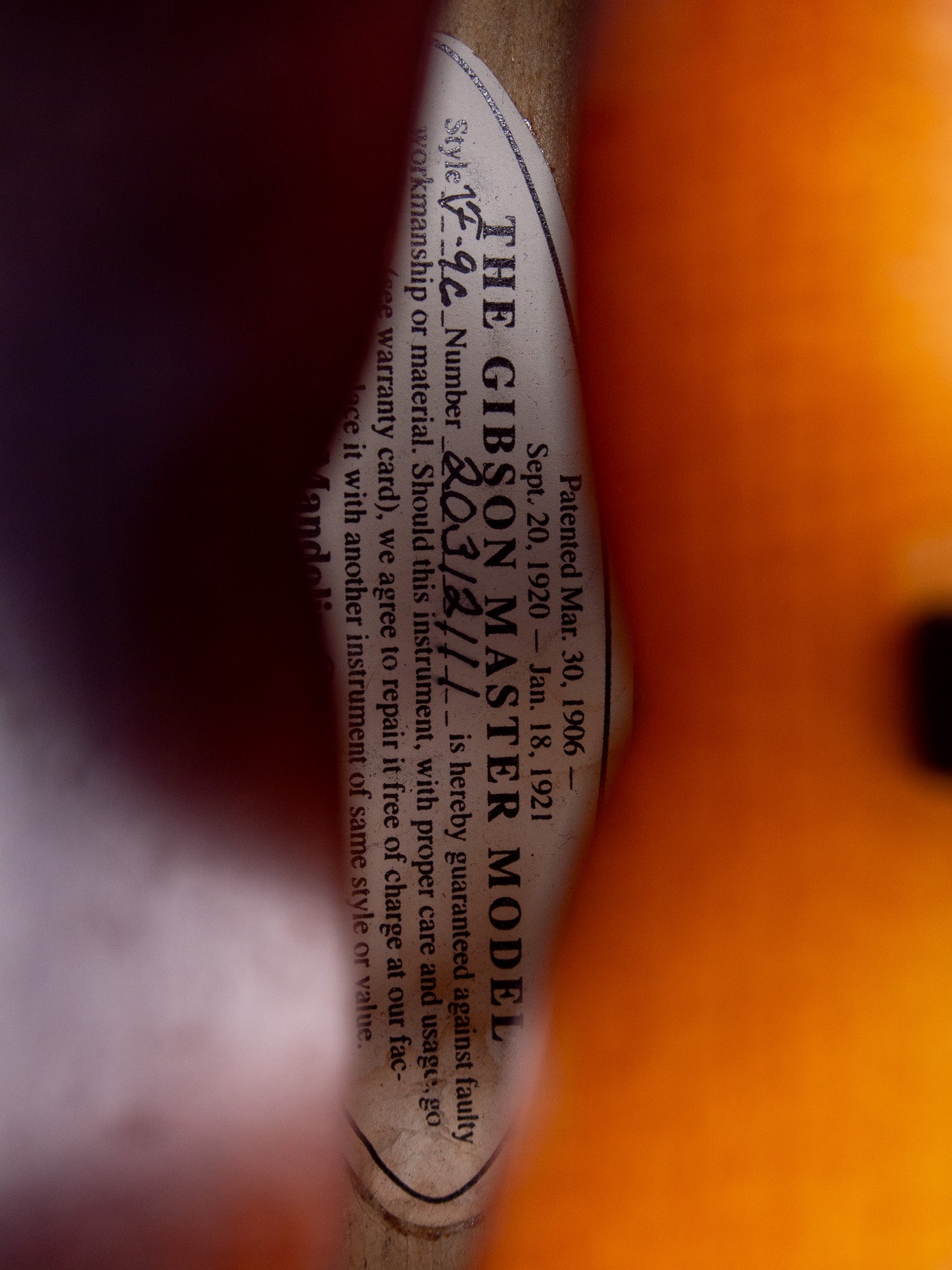 2012 Gibson F-9 Custom #1 Korina Mandolin Label 2