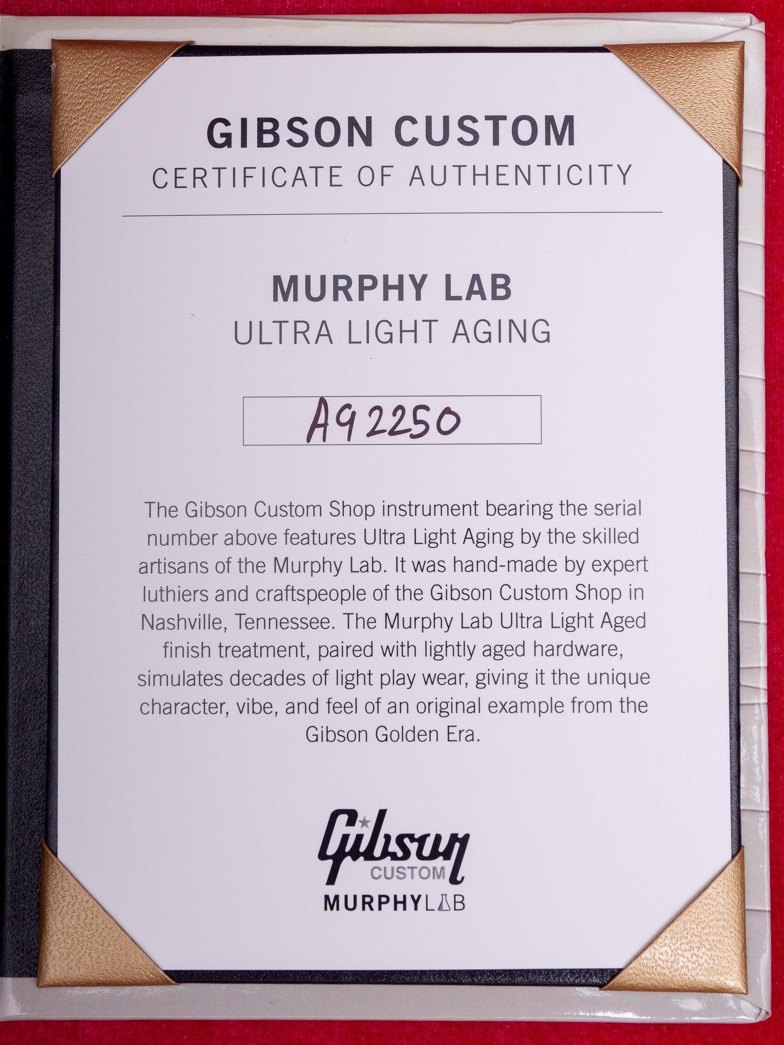 2022 Gibson Custom Murphy Lab Ultra Light Aging '59 ES-335 Certificate of Authenticity
